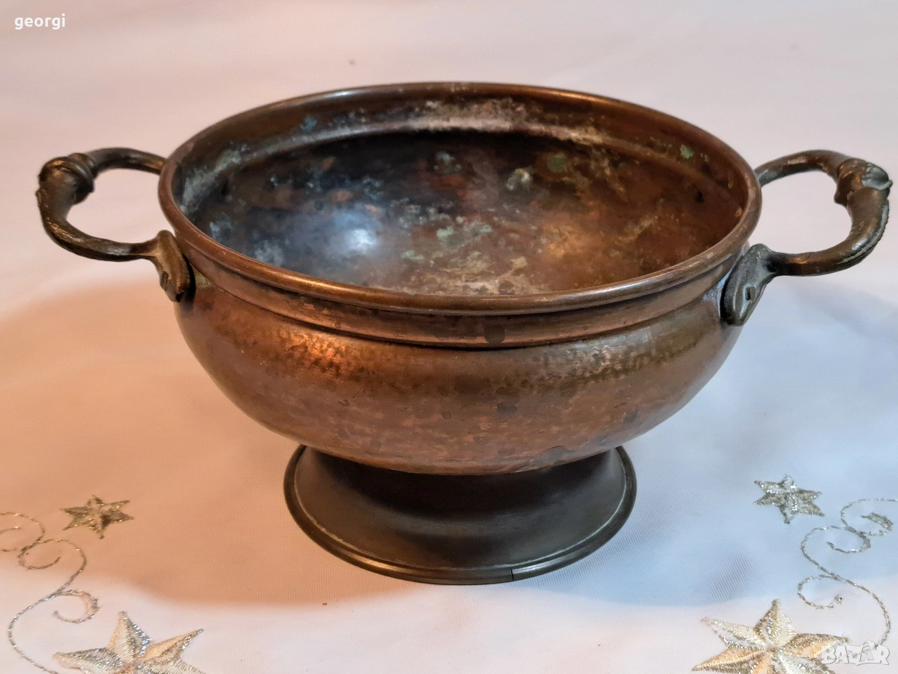 стара медна купа с бронзови дръжки 32/3, снимка 1