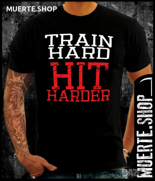 Черна тениска с щампа TRAIN HARD HIT HARDER, снимка 1