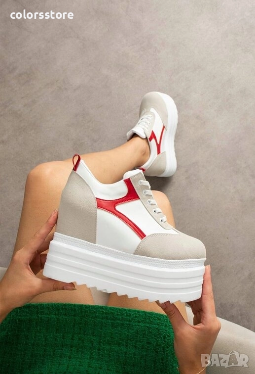 Кецове на платформа - бяло, сиво и червено - SJN80 , снимка 1