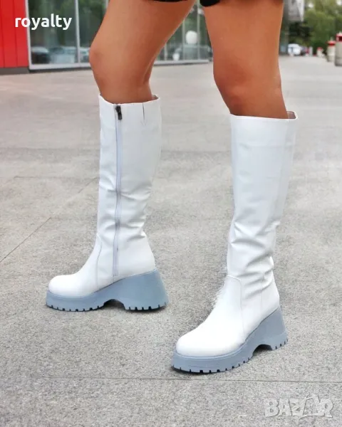 Ботуши на платформа - бяла кожа със сиво ходило, снимка 1