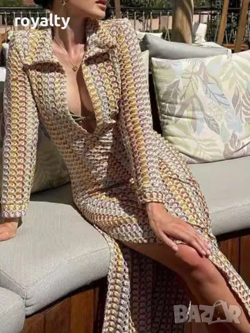 Ръчно изработена, плетена на една кука рокля, с дълбоко деколте, от плетен тъкан плат 🍇🍋