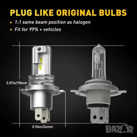 2бр. LED Крушки H4 AUXITO 9003 – 12 000Lm, 6500K (Студено Бяло), Без вентилатор, CanBus, 22W, IP68!, снимка 4 - Аксесоари и консумативи - 50105909