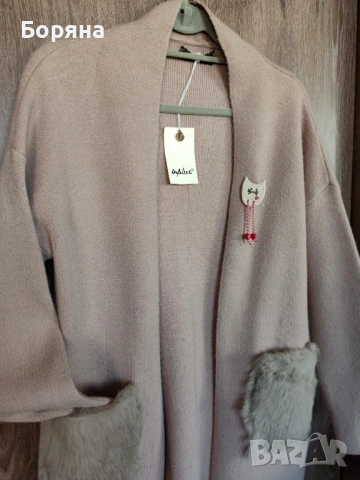 Нова бутикова жилетка камел с косъм от заек с брошка, снимка 9 - Жилетки - 43242542