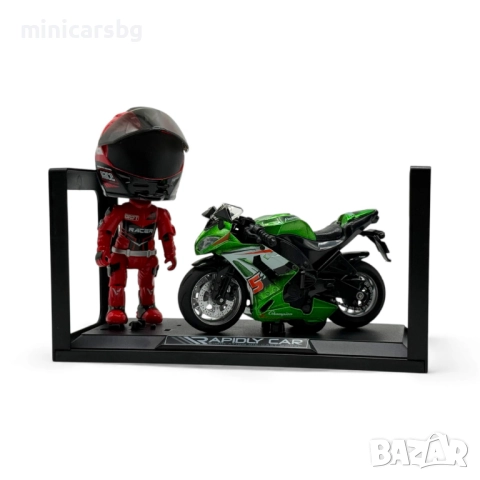 Метални модели спортен мотор 1:14 със стойка и моторист – с кутия, снимка 4 - Колекции - 52633379