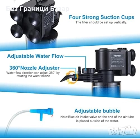 Нов Вътрешен аквариумен филтър 330л/ч, 2-степенен, 30–80L, Weipro, снимка 5 - Оборудване за аквариуми - 51486442