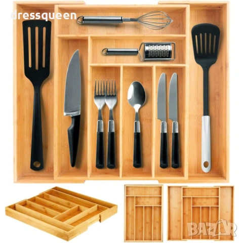 4729 Универсален разделител за прибори от бамбук – Регулируем размер с допълнителни секции