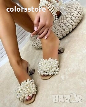 Чехли на ток - бежова кожа с перли - KP60 