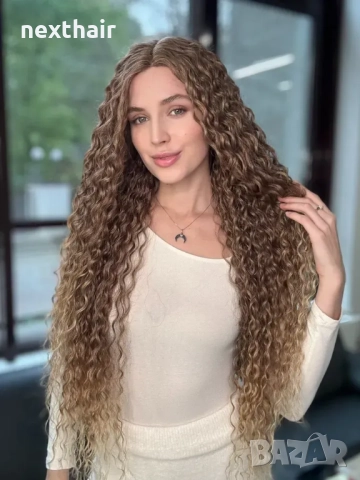 Омбре къдрици 80 см - кафява перука с реалистичен път 13x4x1, снимка 3 - Аксесоари за коса - 52662325