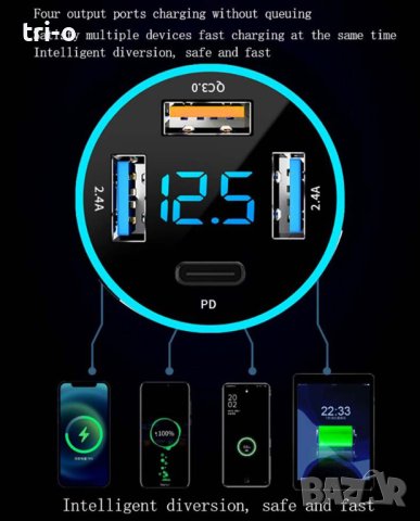 Универсално метално зарядно за автомобил 66W / 3хUSB+Type C / Fast Charging, снимка 9 - Зарядни за кола - 41853591