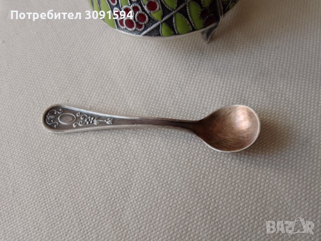 Руски мелхиорен съд за хайвер ,сол,със  емайл оригинална лъжичка, снимка 7 - Антикварни и старинни предмети - 41610950