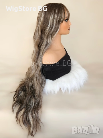 Дълга къдрава кестенява перука на кичури с бретон, снимка 4 - Аксесоари за коса - 52756491
