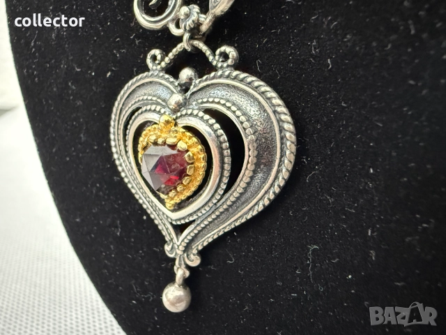 Сребърно колие с гранат и позлата - Ар Деко. №7774, снимка 5 - Колиета, медальони, синджири - 52847565