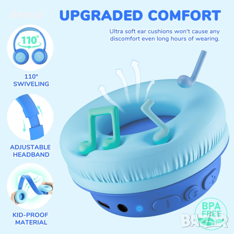 Безжични детски слушалки с микрофон iClever BTH22 Bluetooth 5.4, 74/85 dBA, сини, снимка 8 - Bluetooth слушалки - 44827428