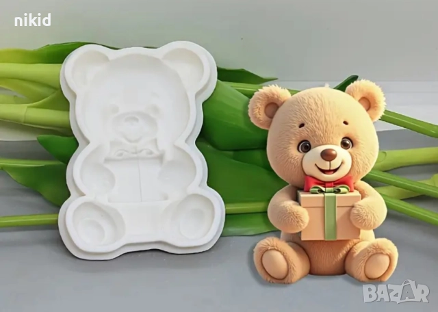 Коледно мече държащо подарък силиконов молд форма фондан гипс декор