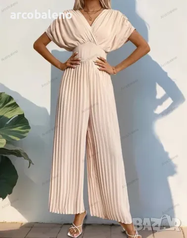 Дамски плисиран широк гащеризон с V-образно деколте, снимка 3 - Гащеризони - 49594223