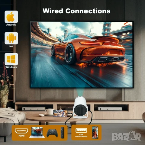 Преносим видеопроектор 4K, HDMI, USB, Android, Wi-Fi 6, BT 5.0, 130" екран, снимка 12 - Плейъри, домашно кино, прожектори - 51397100