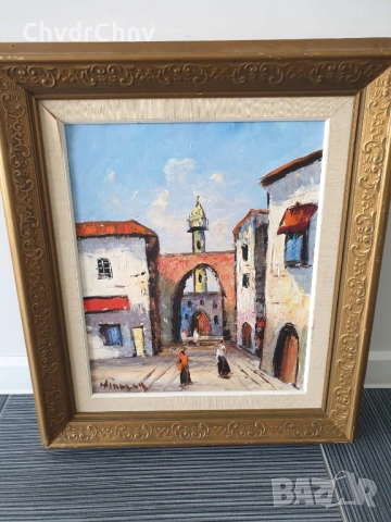 65х57см/стара картина масло върху платно/градски пейзаж-джамия/Мароко-Африка/дървена рамка