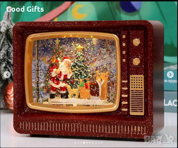 Коледен ретро телевизор с LED светлини и движещ се сняг – декоративна лампа с Дядо Коледа и снежни с, снимка 4 - Декорация за дома - 52235238