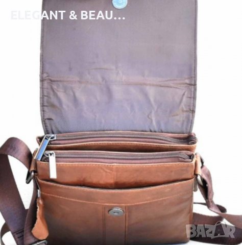 Мъжка  кафява кожена чанта с капак от телешки бокс черно, дъб  и  тик, снимка 2 - Чанти - 38999742