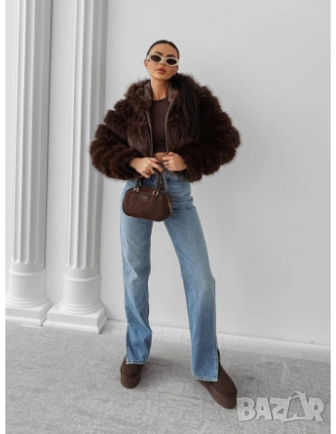 Късо пухено палто с дълъг косъм  кафяво , снимка 6 - Палта, манта - 52844593