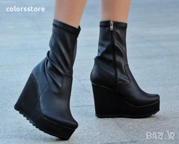 Боти на платформа - черна кожа - BNPL70 