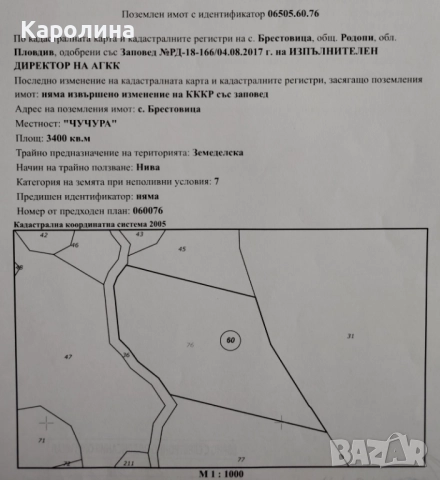 Продавам земеделска земя в землището на село Брестовица.