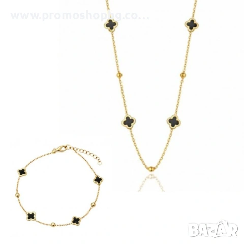Комплект колие + обеци с черна детелина, стомана с 14-карата златно покритие, различни видове, снимка 4 - Бижутерийни комплекти - 36782323