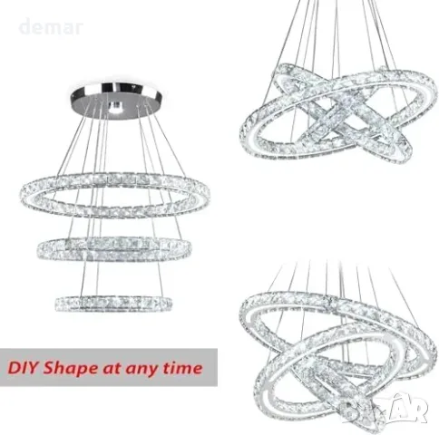 Полилей с LED 3 пръстена и кристални елементи, 50×40×30 см, снимка 6 - Полилеи - 55933439