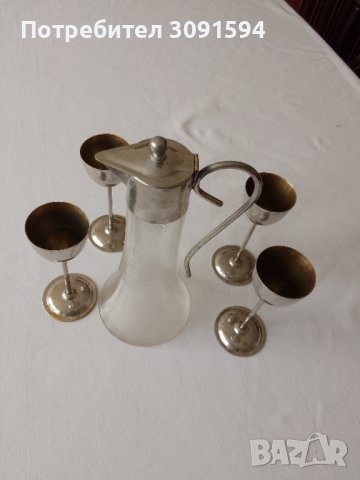 1930г АртДеко каничка метал стъкло 4метални чаши, снимка 3 - Антикварни и старинни предмети - 41046962