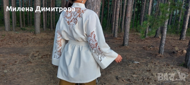 Ленено кимоно / Кимоно от американ и дантела ръчна изработка , снимка 10 - Сака - 48845116