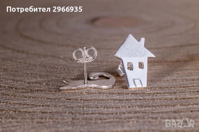 Сребърни обеци котка и къща, снимка 2 - Обеци - 52340550
