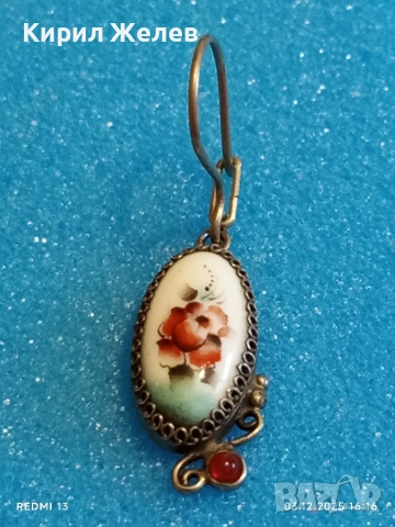 Старинна мраморна сребърна обица с червен рубин разкошна 52382, снимка 4 - Обеци - 52640105