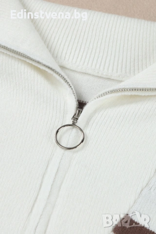 Дамска бяла рокля тип пуловер с кафяви райета и цип, снимка 10 - Рокли - 53081823