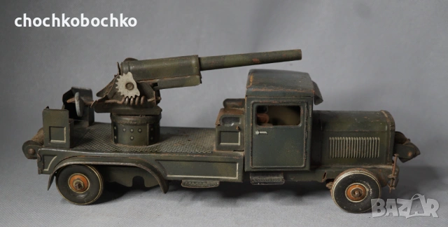 1930 Типко Метална механична играчка Военен Камион Гаубица