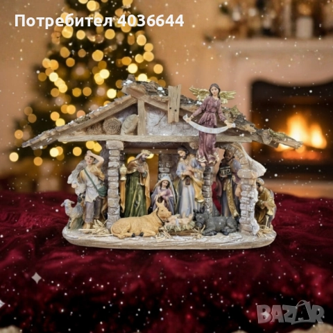 Декоративна сцена на Рождество с дървена постройка и фигурки – Светото семейство и ангел GLORIA, снимка 5 - Декорация за дома - 52045370
