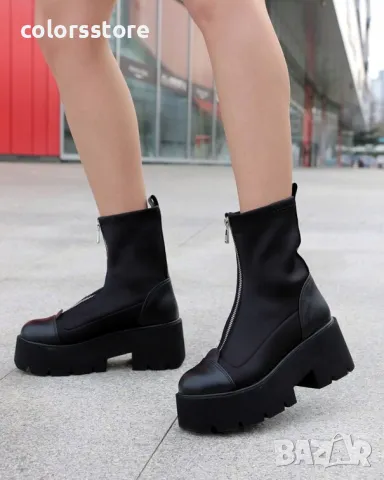 Боти на платформа - черен неопрен и кожа - LT20, снимка 2 - Дамски боти - 47415052