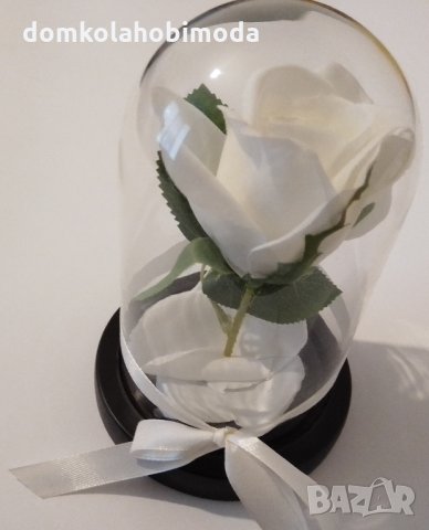 Изкуствена роза под стъклен похлупак, Дървена основа,Бяла, 17x11 см