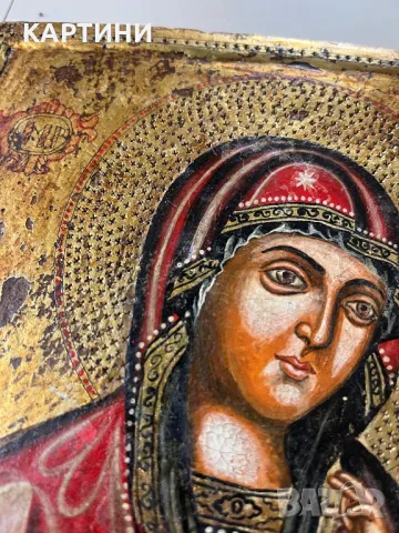 Стара Икона Богородица - ръчно рисувана върху дърво, снимка 2 - Картини - 49754744