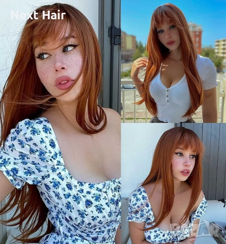 70 см Кафява синтетична перука с омбре ефект, тъмни корени и бретон, снимка 6 - Аксесоари за коса - 52898953