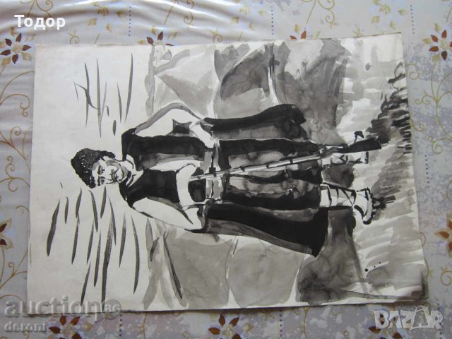 Стар акварел картина хайдутин войвода на картон, снимка 2 - Колекции - 34540635