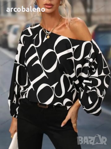 Дамска блуза с щампа и едно рамо с широк ръкав с балон, 7цвята - 023, снимка 2 - Блузи с дълъг ръкав и пуловери - 40171643