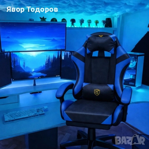 Ергономичен геймърски стол с масажна функция и поставка за крака – черно-син, снимка 7 - Столове - 53782255