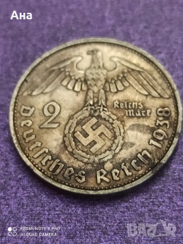 2 Марки 1938 г сребро Трети Райх , снимка 1