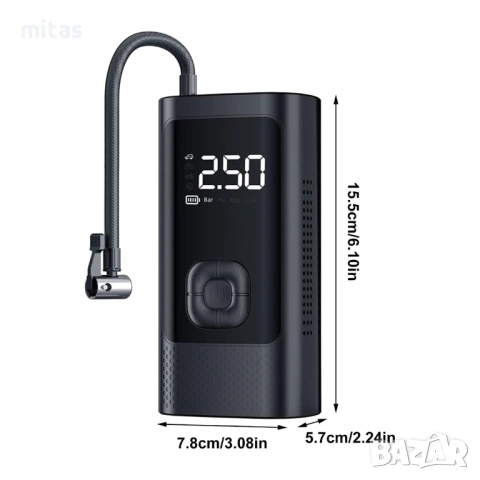 Преносим акумулаторен компресор 150 PSI – 10400mAh, 180W, Type-C & 12V, снимка 6 - Аксесоари за велосипеди - 53736650