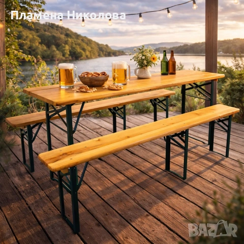 Сгъваем комплект градинска маса с 2 пейки - От чамово дърво, с отвор за чадър, снимка 2 - Градински мебели, декорация  - 53615488