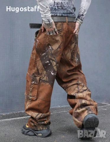 Нови baggy Casual Loose Fit Jeans дънки панталони карго кафяви камуфлажни джобове размер 32 /М, снимка 2 - Дънки - 53232825