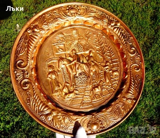 Медно пано,чиния с релефна ловна картина,ездачи,кучета. , снимка 7 - Антикварни и старинни предмети - 52158962