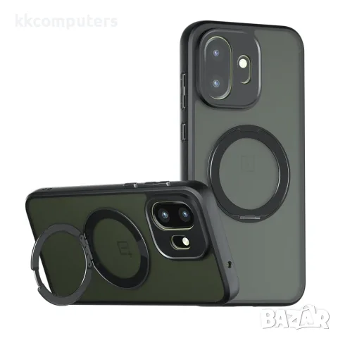 За OnePlus 15T 5G Магнитен TPU + PC Калъф с 360° Стойка и Скрийн Протектор – Прозрачен Черен