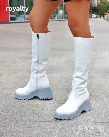 Ботуши на платформа - бяла кожа със сиво ходило
