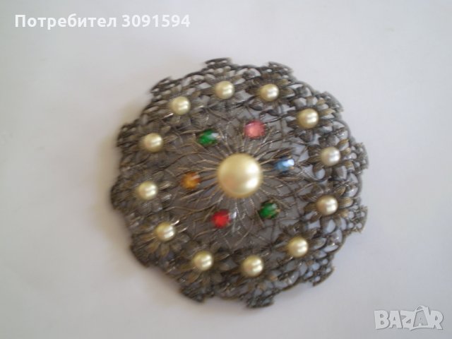 красива ретро брошка със перли и стъкло, снимка 4 - Антикварни и старинни предмети - 34837814